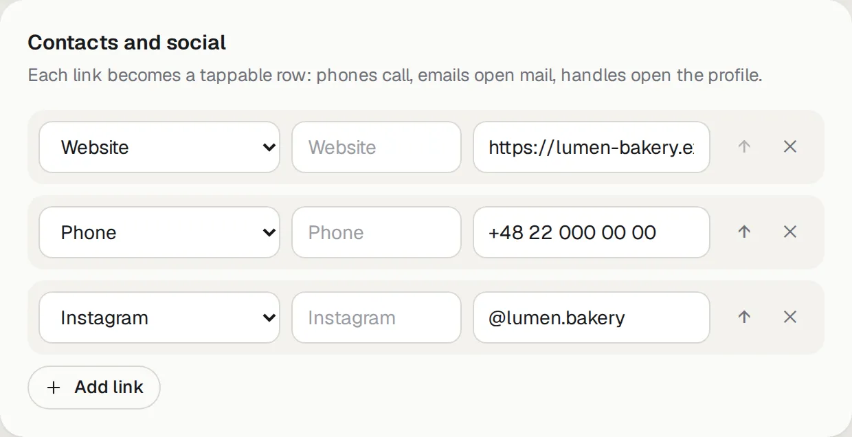 Contacts and social: one row per link