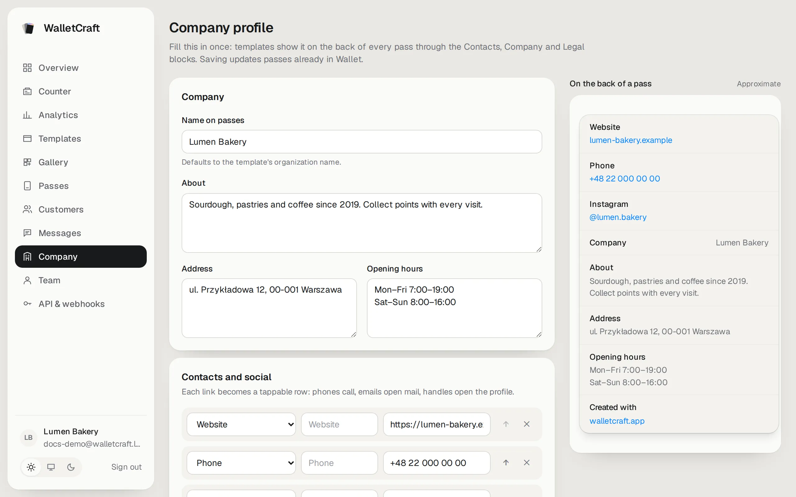 Company profile with a live preview of the back of a card