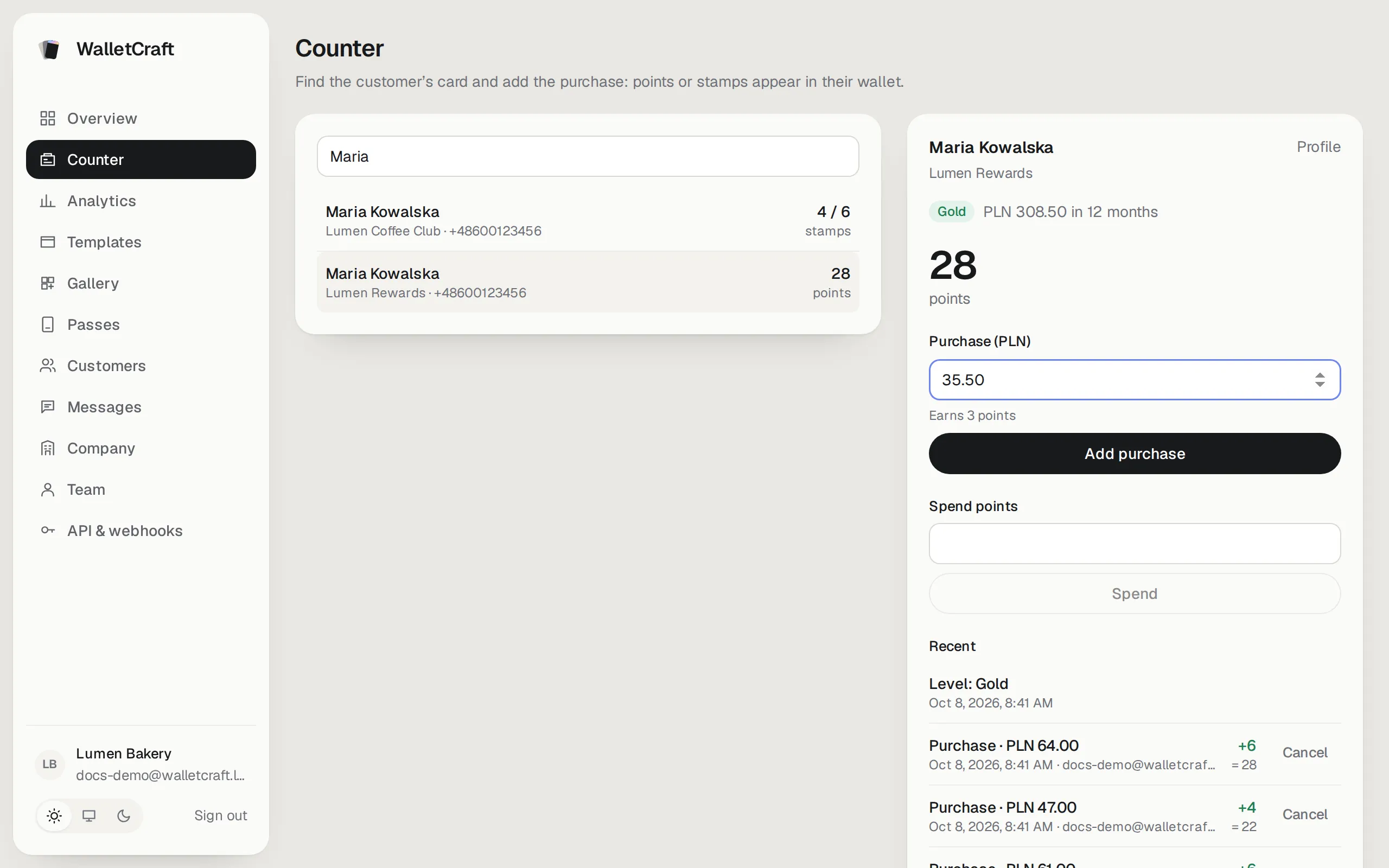 The counter: find the card, enter the purchase