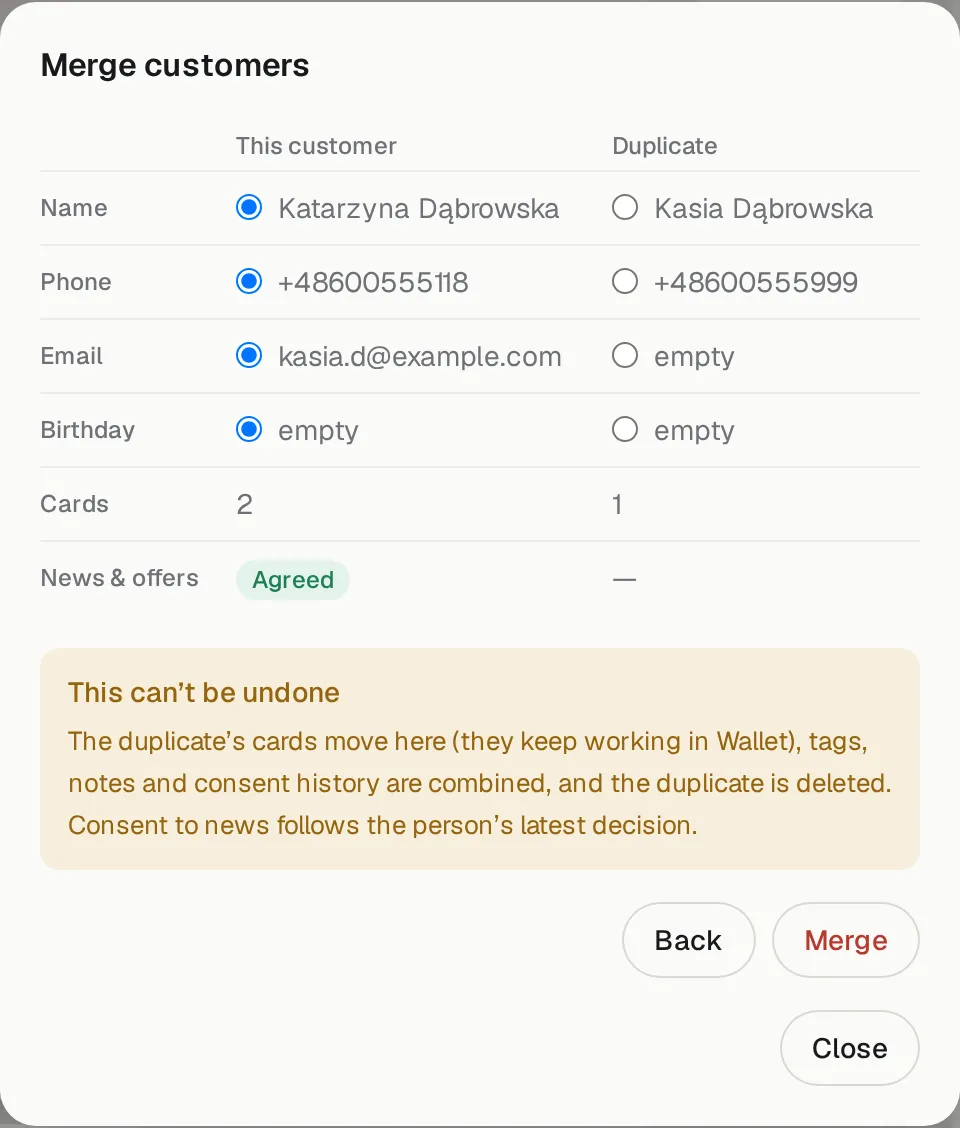 Merge customers: compare and choose what stays
