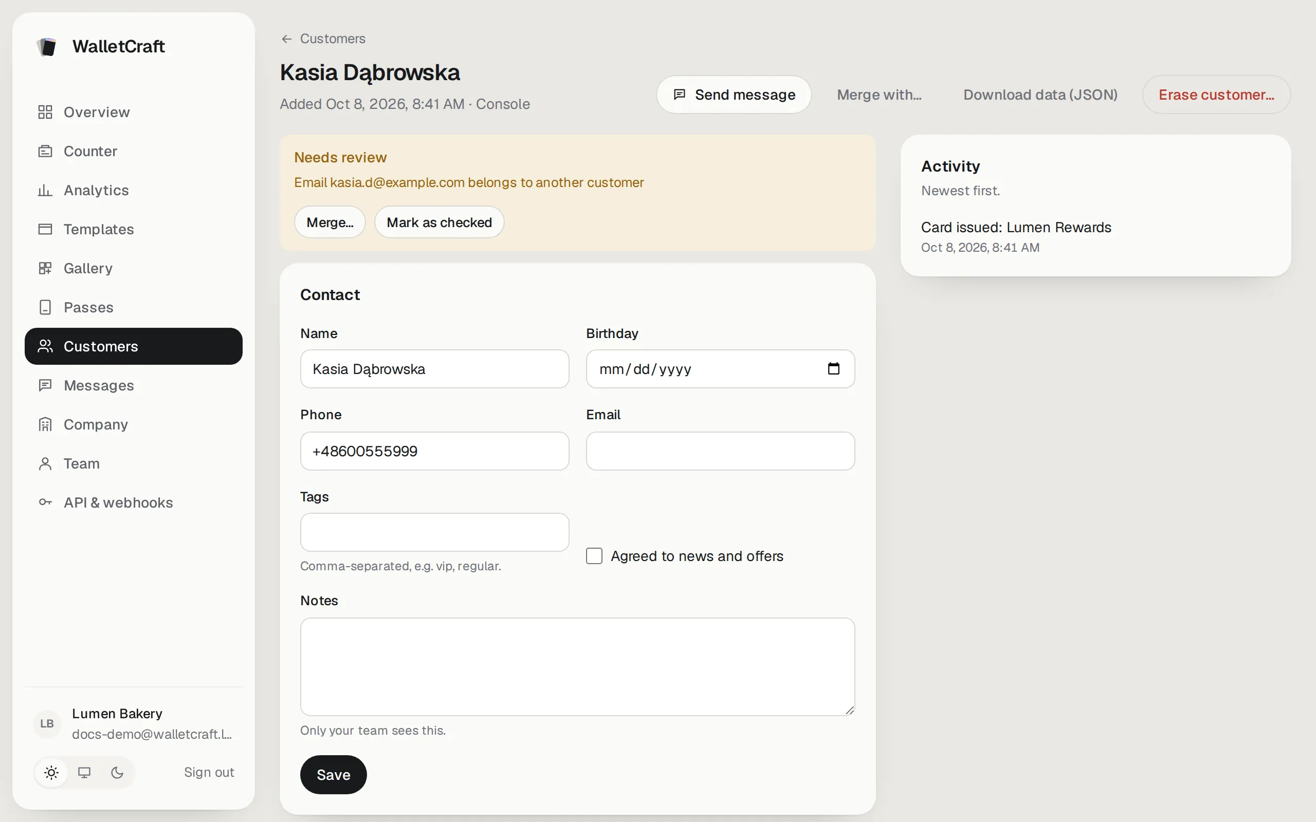 A customer marked Needs review