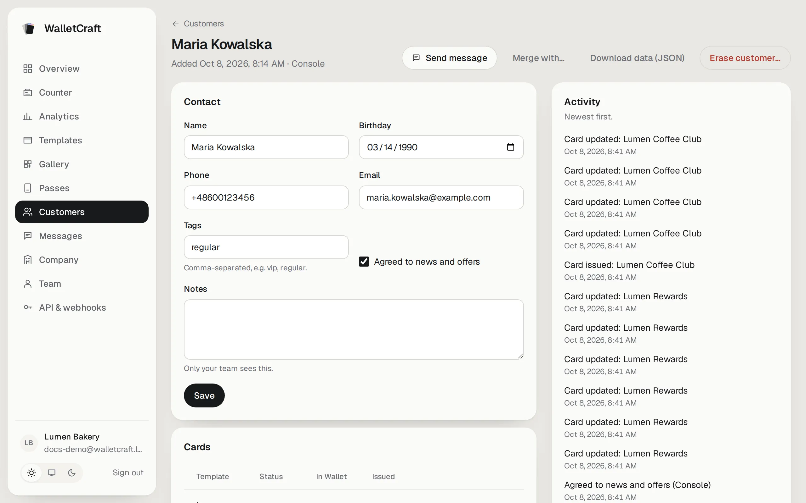 A customer’s page: contacts on the left, activity on the right