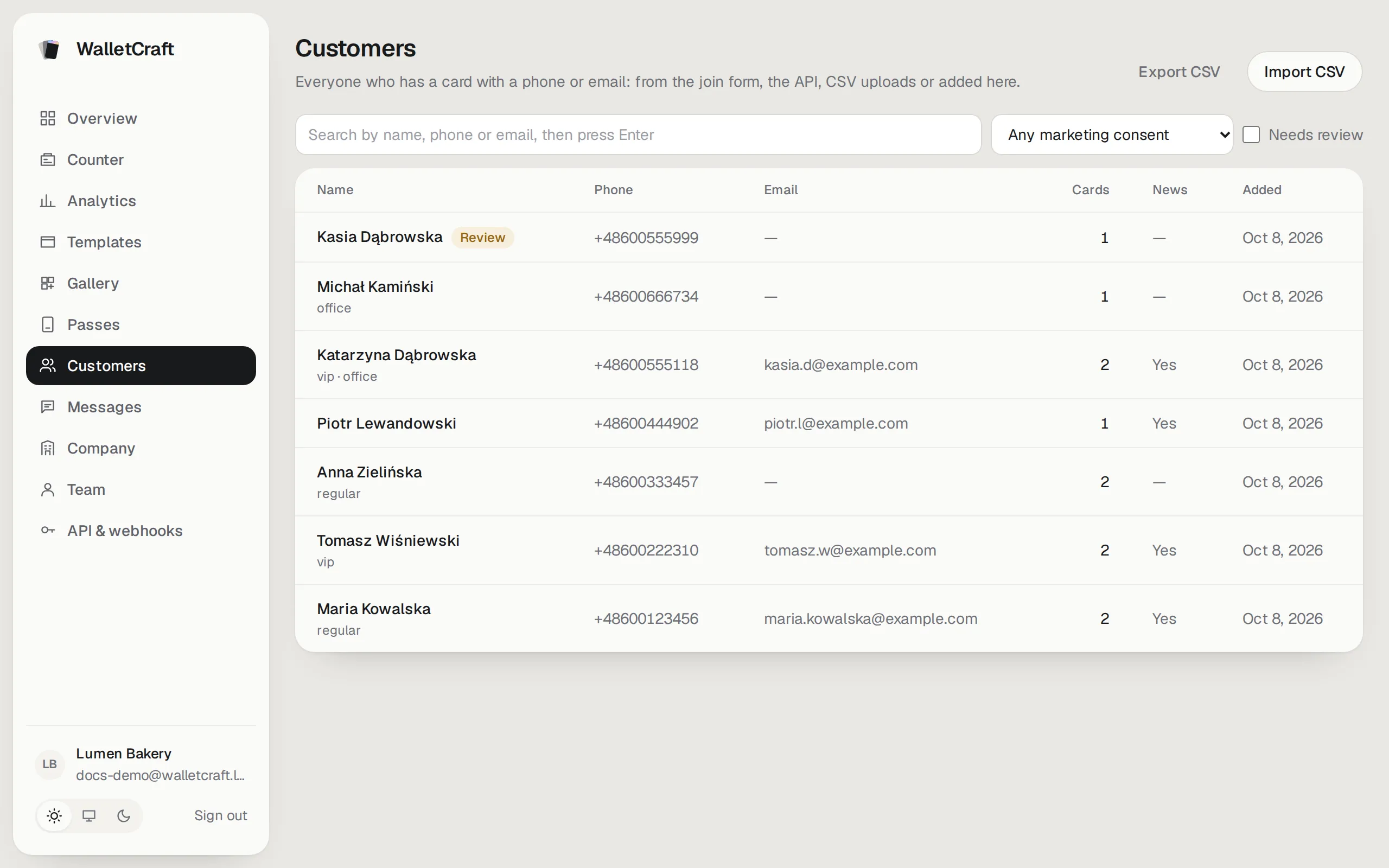 The customers list