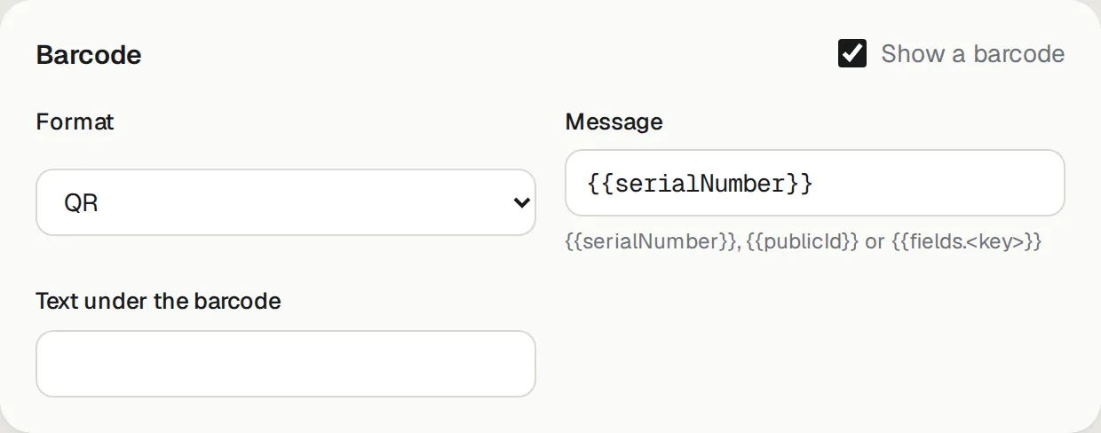 Barcode: format, message and the text under it