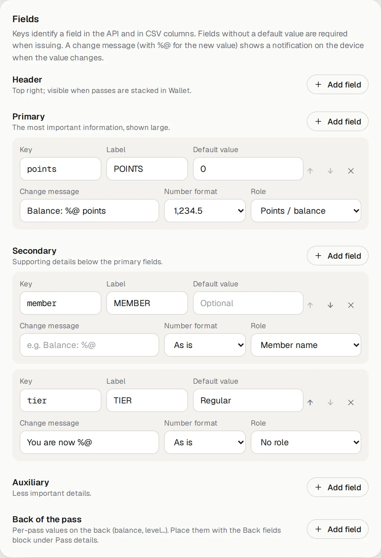 Fields: key, label, default value, change message, number format and role