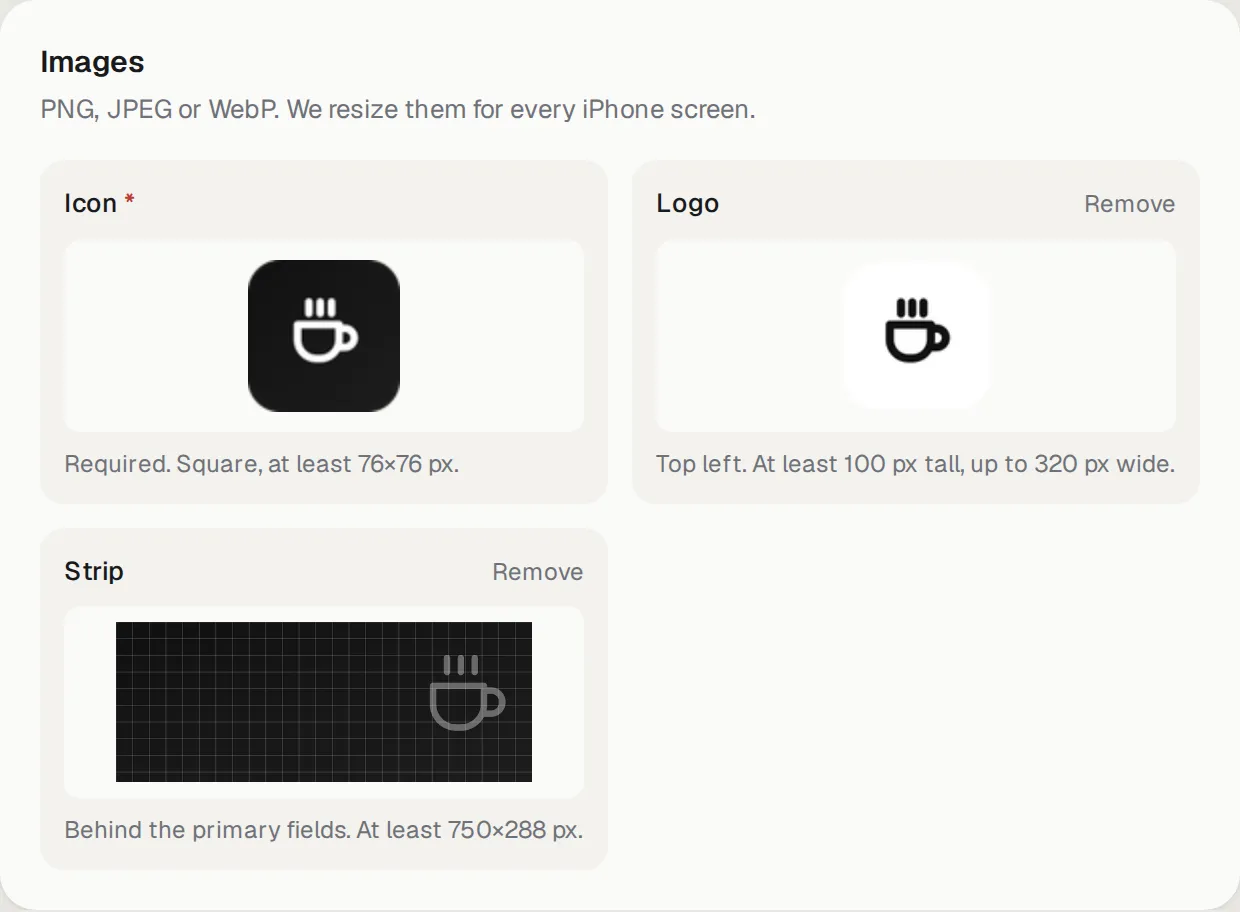 Images: icon, logo and the strip or picture of the card
