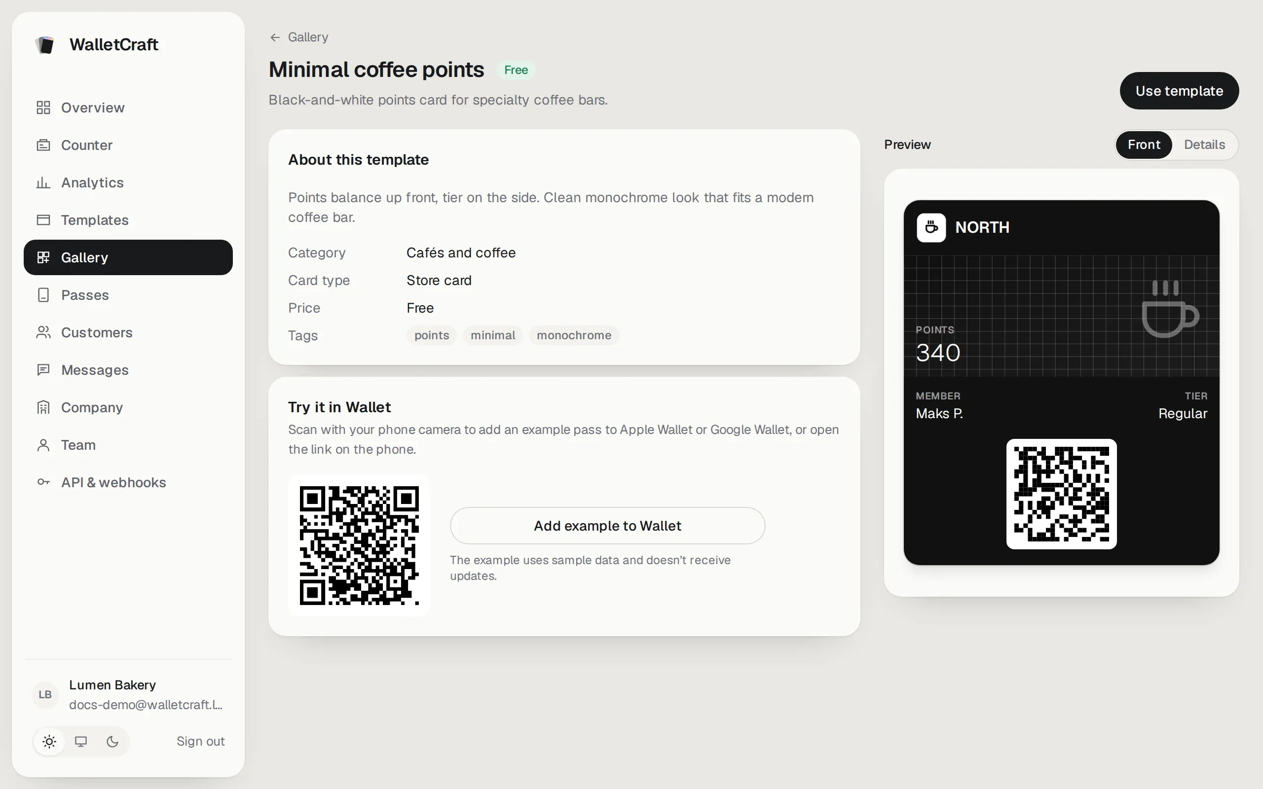 A gallery template with its preview and “Try it in Wallet”