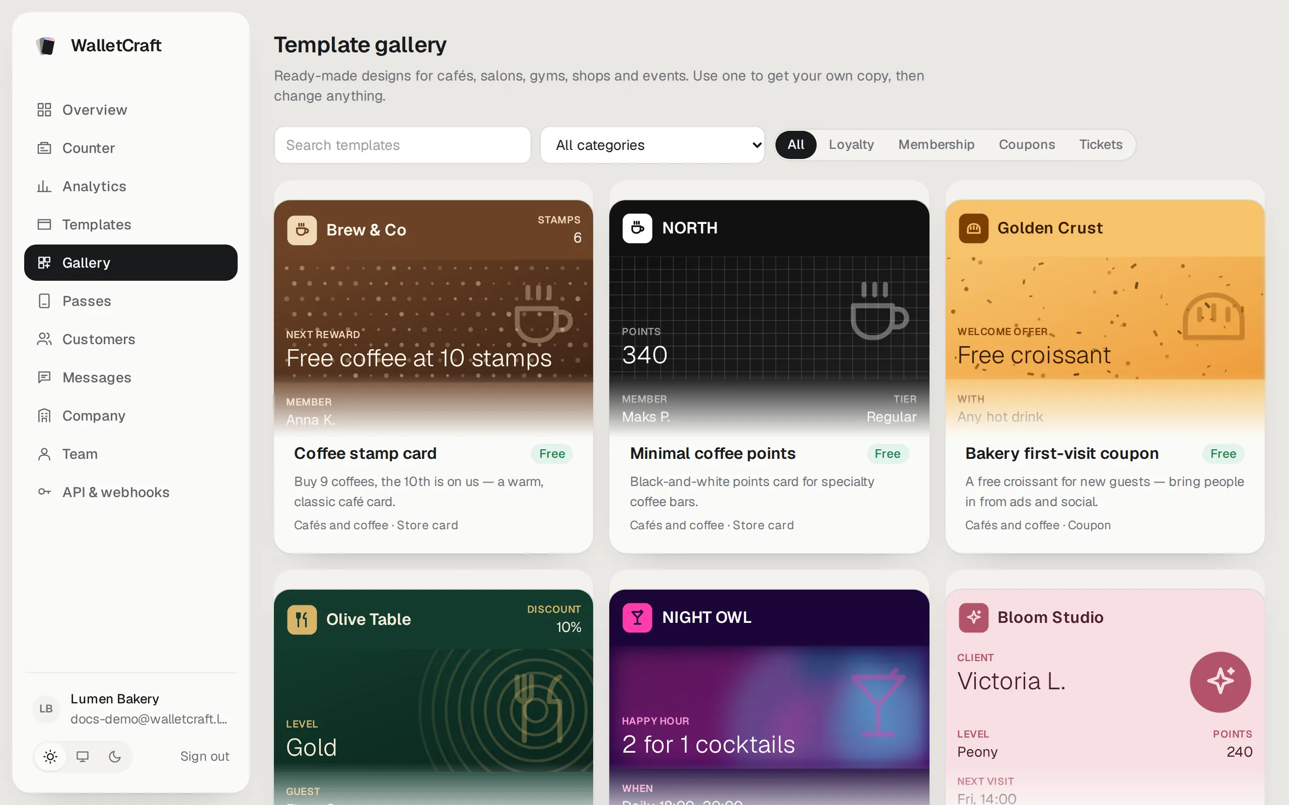 The template gallery with designs by category