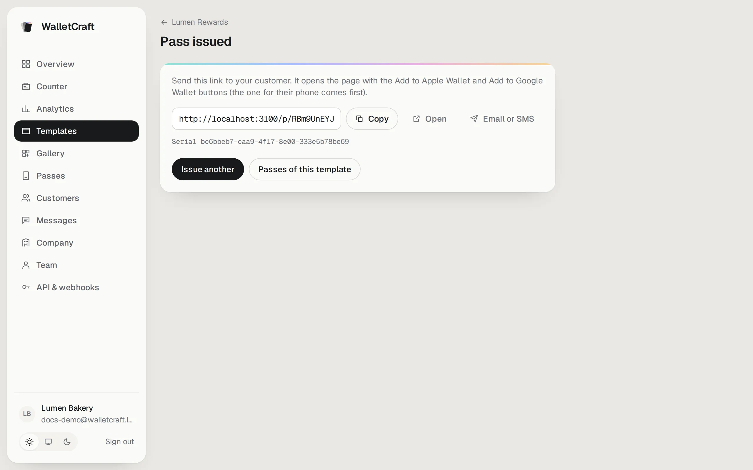 The issued card’s link with Copy, Open and Email or SMS
