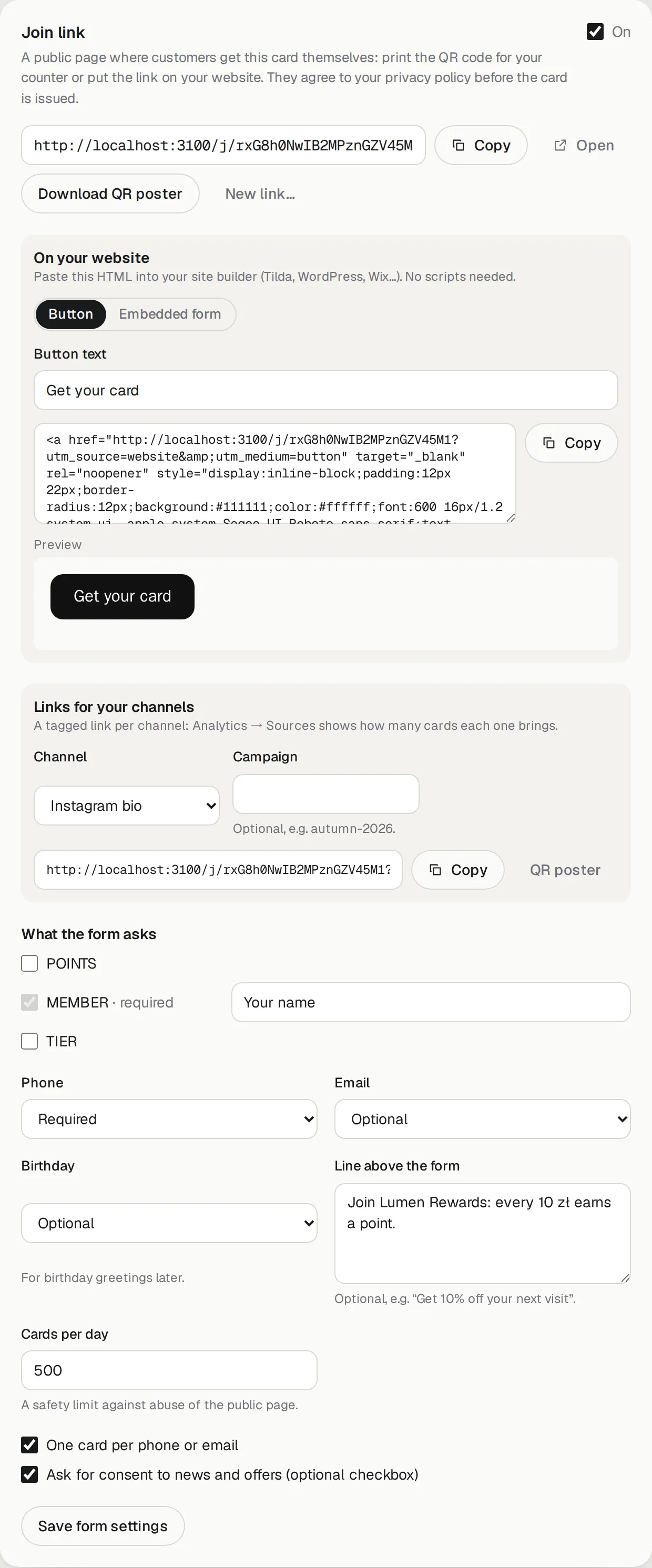 The Join link panel: the link, QR poster, website button and form settings