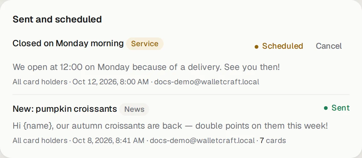 Sent and scheduled messages