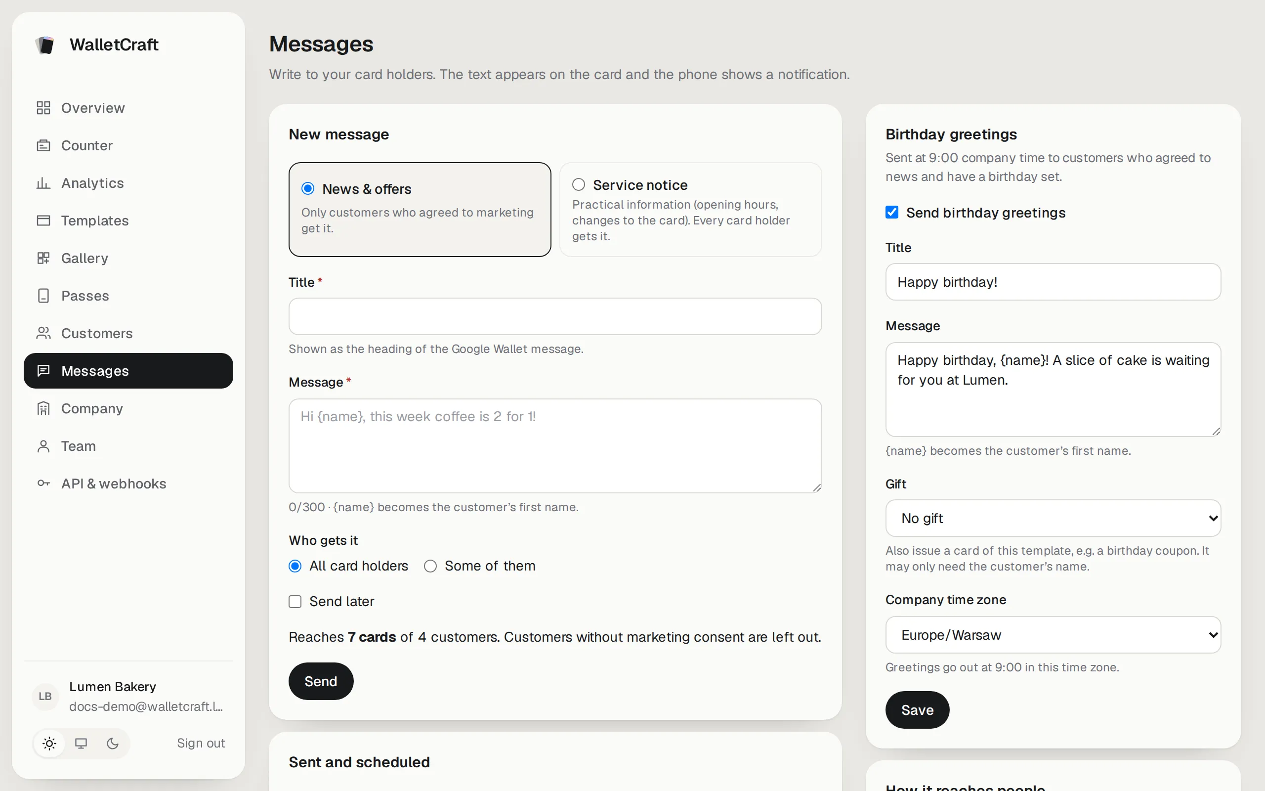 Messages: a new message, birthday greetings and the history