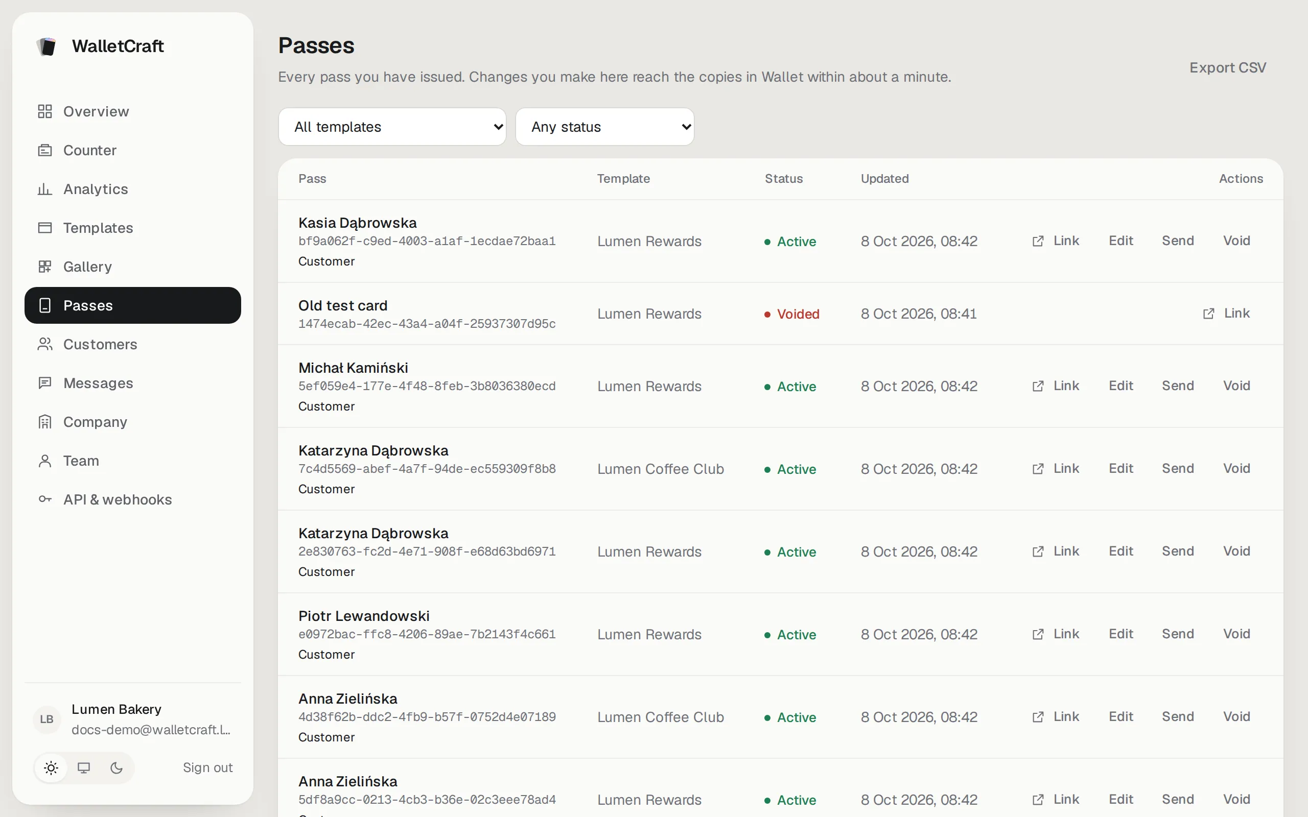 All passes with their template, status and actions
