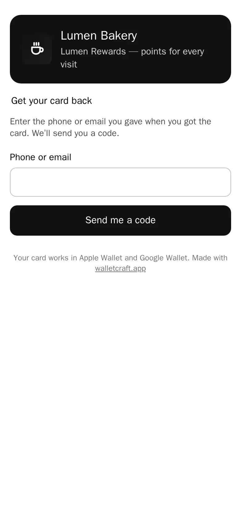 Get your card back: enter the phone or email