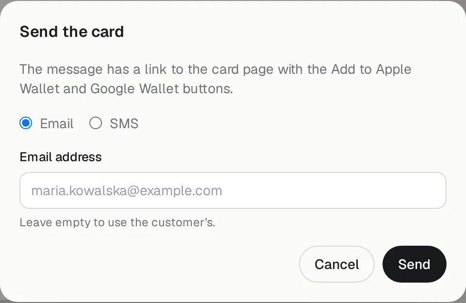 Send the card by email or SMS