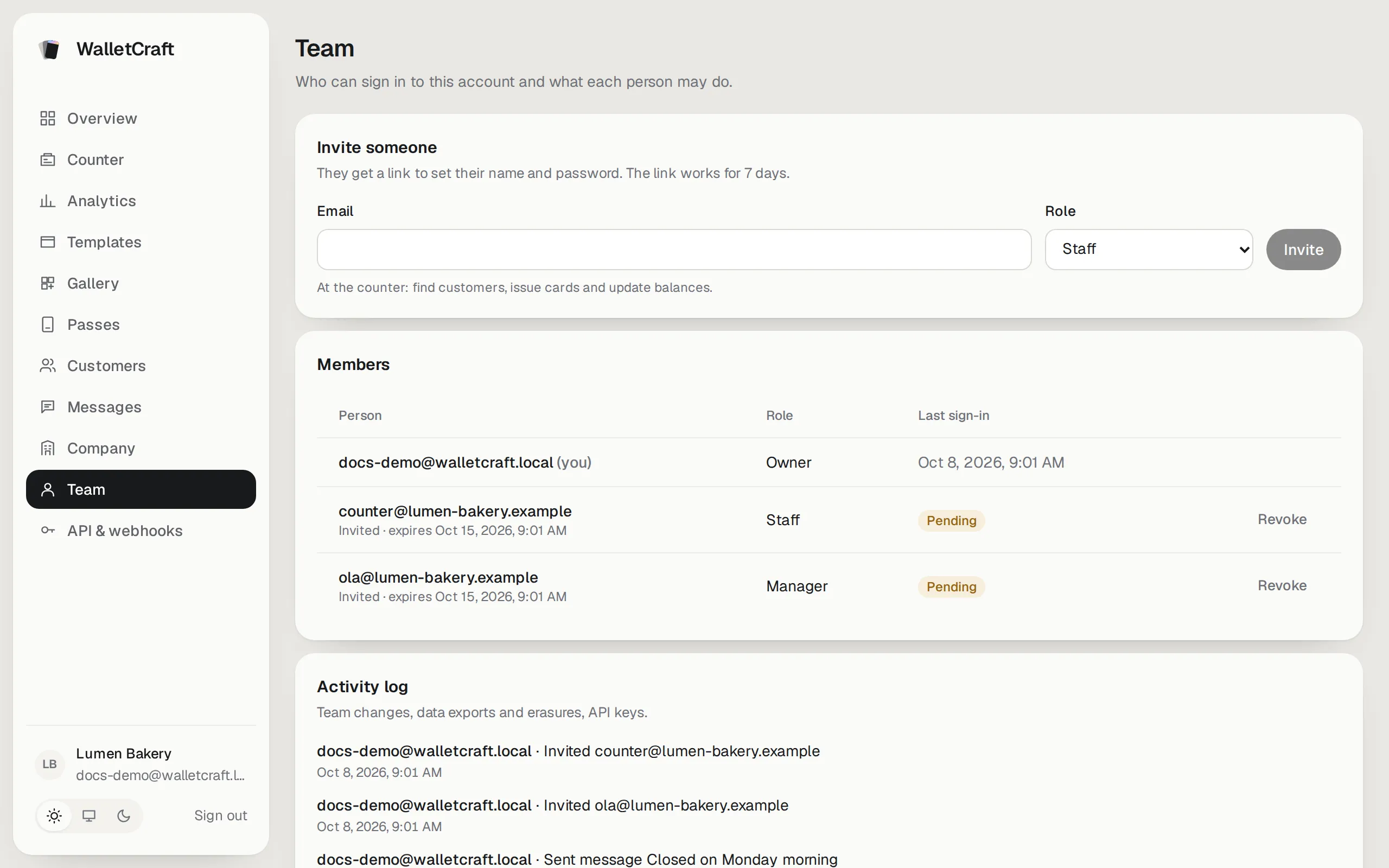 The team: invitations, members and the activity log