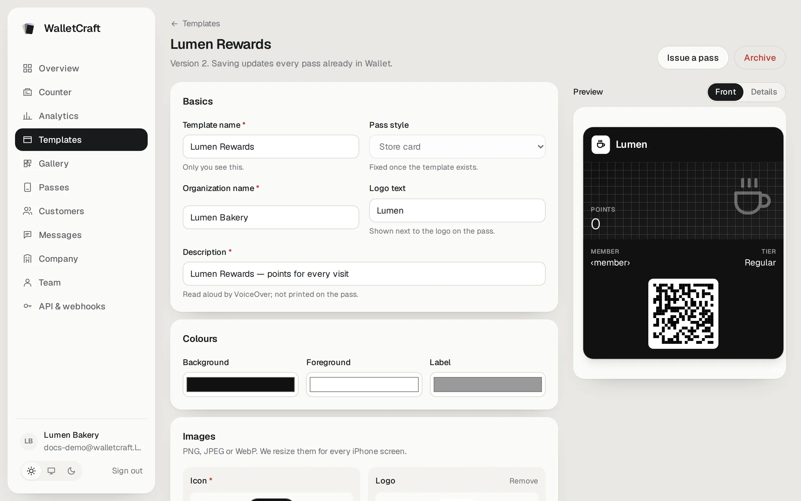 The template editor: settings on the left, a live preview on the right